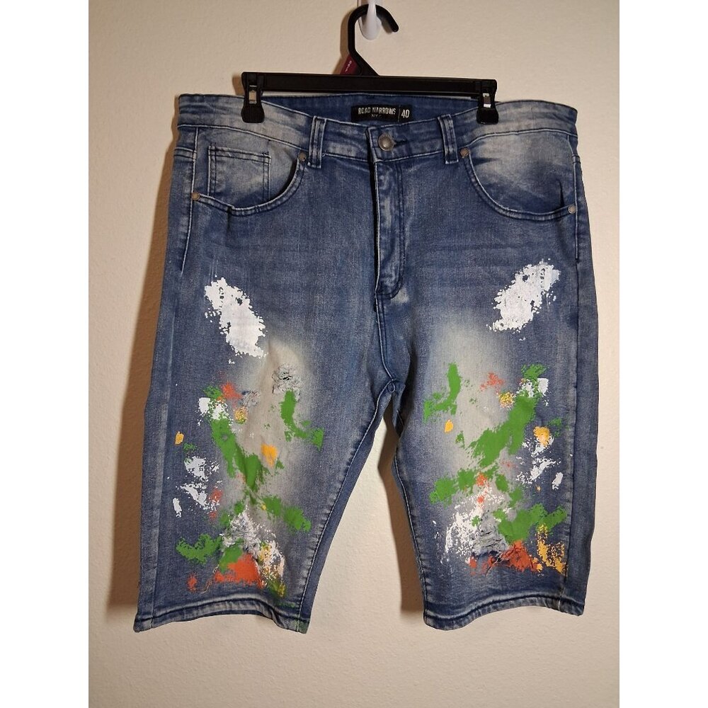 Road Narrows Denim Blue Jean Shorts Skater Streetwear Y2K Paint Splatter Size 40